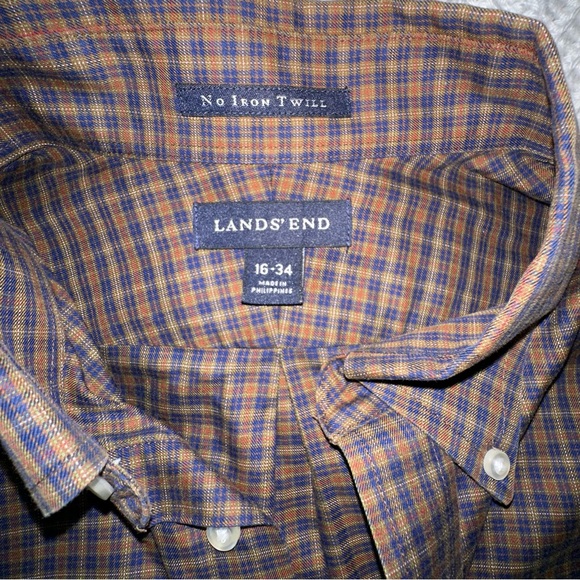 Men's Land's End No Iron Twill Brown/Blue Checkered Button Down - Size 16 - 34 - Picture 5 of 6
